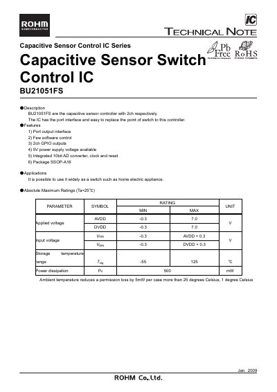 ROHM BU21051FS Capacitive Sensor Control IC Datasheet - cover page