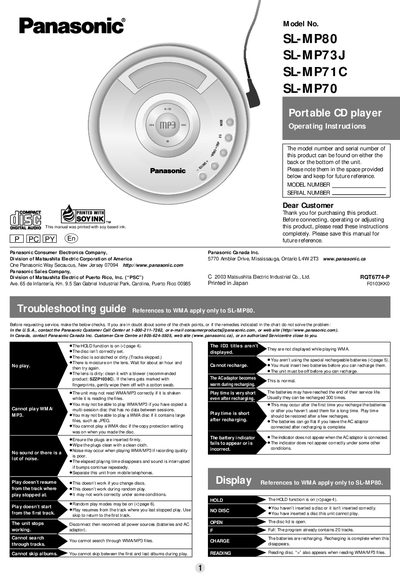 Panasonic SL-MP80/SL-MP73J/SL-MP71C/SL-MP70 Manual - cover page
