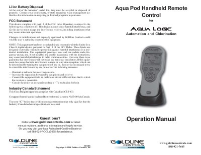 Goldline Controls Aqua Pod Handheld Remote Control Operation Manual