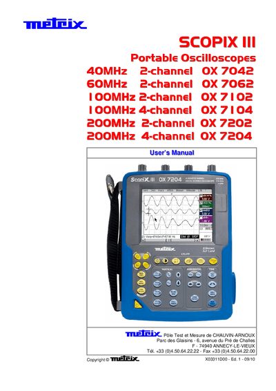 metrix OX 7042/7046/7102/7104/7202/7204 SCOPIX III Portable Oscilloscopes User's Manual