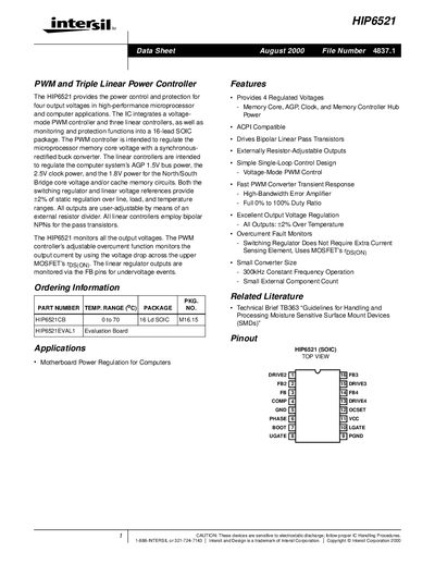 Intersil HIP6521 PWM Triple Linear Power Controller Datasheet - cover page