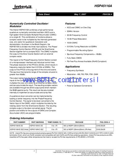 Intersil HSP45116A Datasheet - cover page