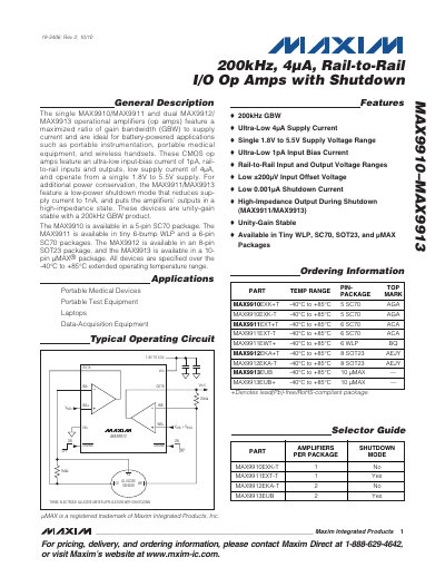 Maxim MAX9910‑MAX9913 200kHz Rail‑to‑Rail I/O Op Amp Datasheet - cover page