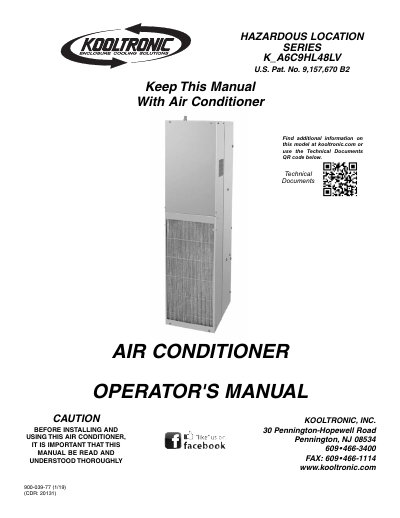 Kooltronic K_A6C9HL48LV Hazardous Location Air Conditioner Operator's Manual - cover page