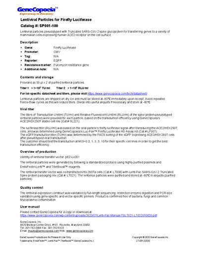 GeneCopoeia SP001-100 Lentiviral Particles for Firefly Luciferase Product Data Sheet - cover page