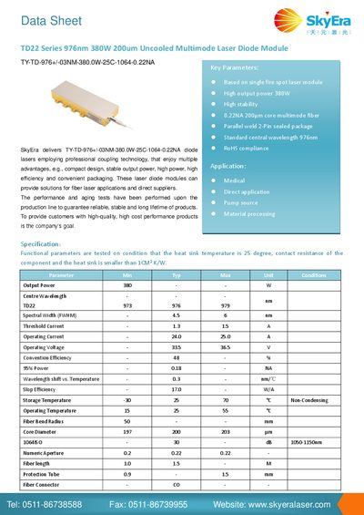 SkyEra TD22 Series 976nm 380W 200um Uncooled Multimode Laser Diode Module Data Sheet - cover page