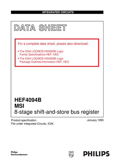Philips HEF4094B 8‑stage Shift Register Datasheet - cover page
