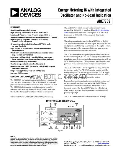 Analog Devices ADE7769 Energy Metering IC Datasheet - cover page