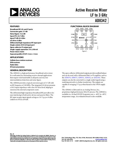 Analog Devices AD8342 Active Receive Mixer Datasheet - cover page