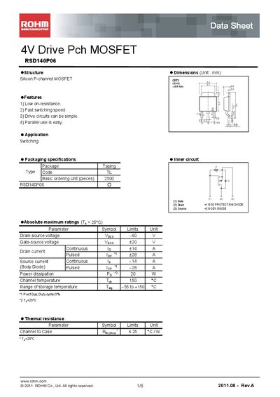 ROHM RSD140P06 Datasheet - cover page