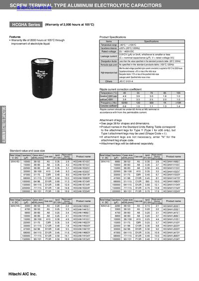 Hitachi HCGHA Series Screw Terminal Aluminum Electrolytic Capacitors Datasheet - cover page