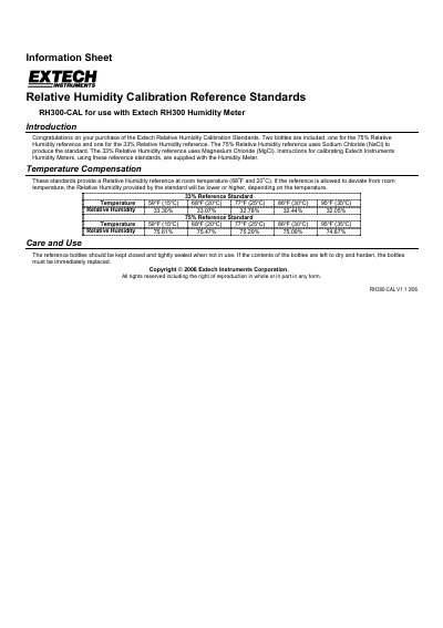 Extech RH300-CAL Relative Humidity Calibration Reference Standards Information Sheet