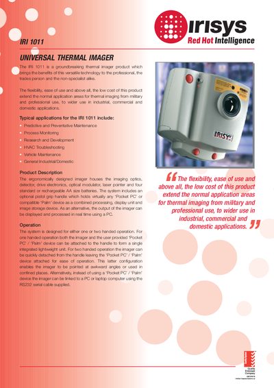 Irisys IRI 1011 Thermal Imager Datasheet - cover page