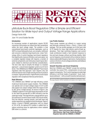 Linear Technology LTM4605/LTM4607 µModule Buck-Boost Regulator Datasheet Design Note 438 - cover page