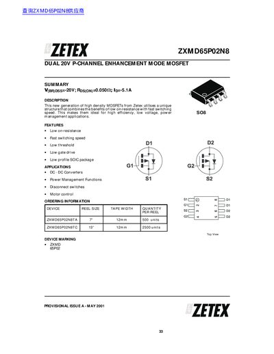 Zetex ZXMD65P02N8 Dual 20V P-Channel Enhancement Mode MOSFET Datasheet - cover page
