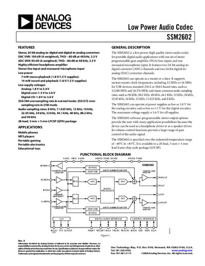 Analog Devices SSM2602 Low Power Audio Codec Datasheet - cover page