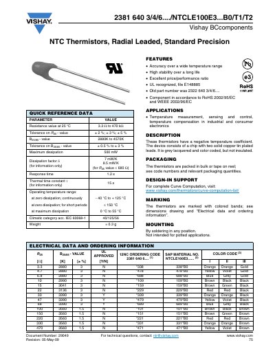 VISHAY BC COMPONENTS 2381 640 3/4/6..../NTCLE100E3...B0/T1/T2 Vishay BCcomponents NTC Thermistors Radial Leaded Standard Precision handbook - cover page