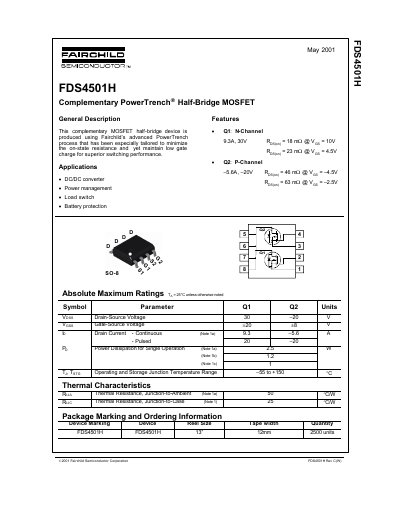 Fairchild Semiconductor FDS4501H Complementary PowerTrench Half-Bridge MOSFET Datasheet - cover page