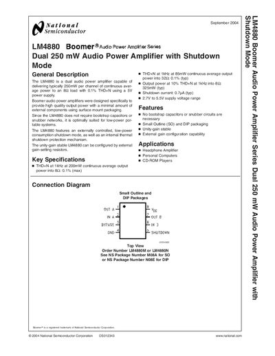National Semiconductor LM4880 Audio Power Amplifier Datasheet - cover page