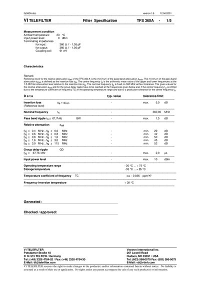 VI TELEFILTER TFS 360A Filter Specification Datasheet - cover page