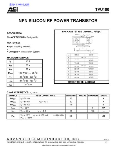 ASI TVU100 NPN Silicon RF Power Transistor Datasheet - cover page