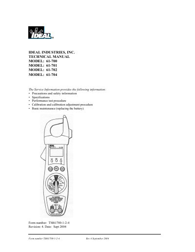 IDEAL INDUSTRIES INC. TECHNICAL MANUAL MODEL: 61-700 MODEL: 61-701 MODEL: 61-702 MODEL: 61-704  - cover page