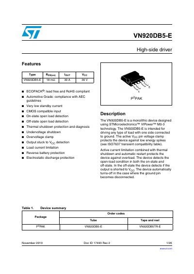 STMicroelectronics VN920DB5-E High-side Driver Datasheet