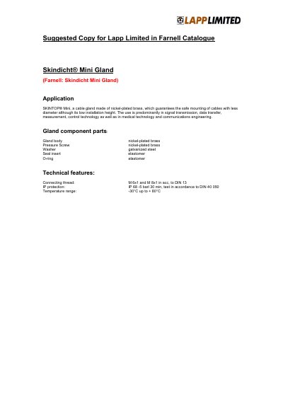 Skindicht Mini Cable Gland Product Leaflet - cover page