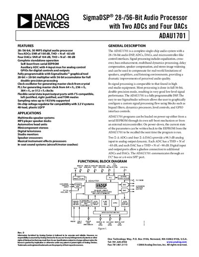 ANALOG DEVICES SigmaDSP 28-/56-Bit Audio Processor with Two ADCs Four DACs ADAU1701 handbook
