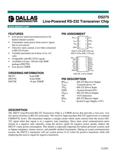 Dallas DS275 Line-Powered RS-232 Transceiver Chip Datasheet - cover page