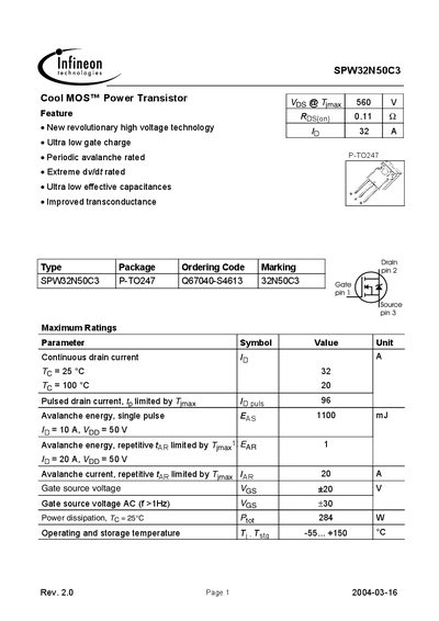Infineon SPW32N50C3 Power Transistor Datasheet - cover page