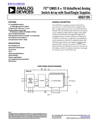Analog Devices ADG2108 8x10 Unbuffered Analog Switch Array Datasheet