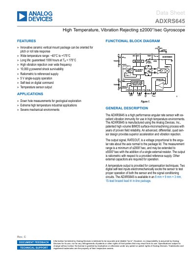 Analog Devices ADXRS645 High Temperature Gyroscope Data Sheet - cover page