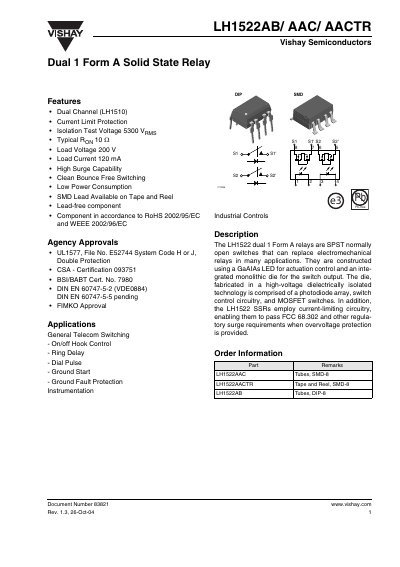 Vishay LH1522AB Dual Channel Solid State Relay Datasheet - cover page