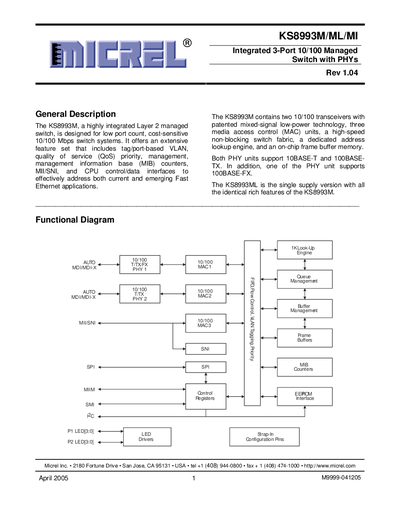 Micrel KS8993M/ML/MI Datasheet - cover page