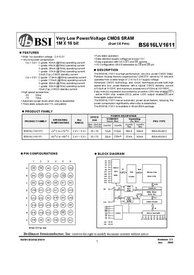 BSI BS616LV1611 CMOS SRAM Datasheet - cover page
