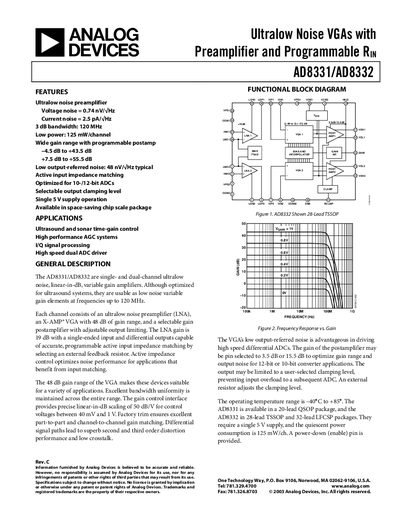 Analog Devices AD8331/AD8332 Ultralow Noise VGA with Preamplifier Datasheet - cover page