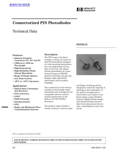 Hewlett-Packard Connectorized PIN Photodiodes Technical Data - cover page
