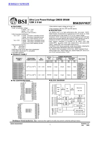 Brilliance Semiconductor BS62UV1027 Datasheet - cover page