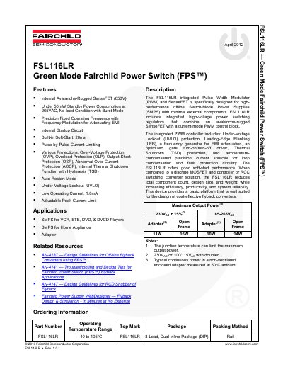 Fairchild Semiconductor FSL116LR Power Switch Datasheet - cover page