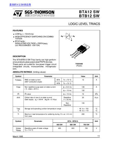 SGS-THOMSON BTA12 SW / BTB12 SW Logic Level Triac Datasheet - cover page