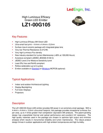 LedEngin LZ1-00G105 Green LED Emitter High Luminous Efficacy Datasheet - cover page