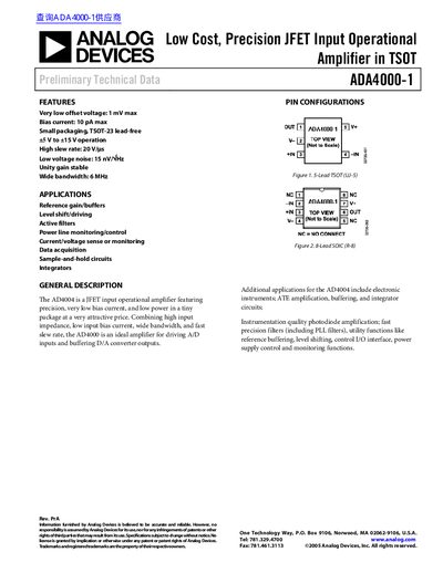 Analog Devices ADA4000-1 Operational Amplifier Datasheet