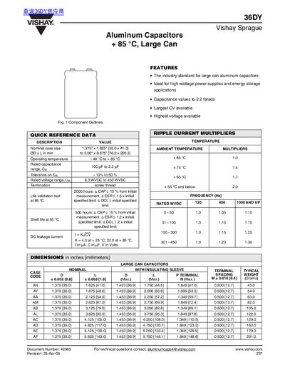 Vishay 36DY Series Large Can Aluminum Capacitor Datasheet - cover page