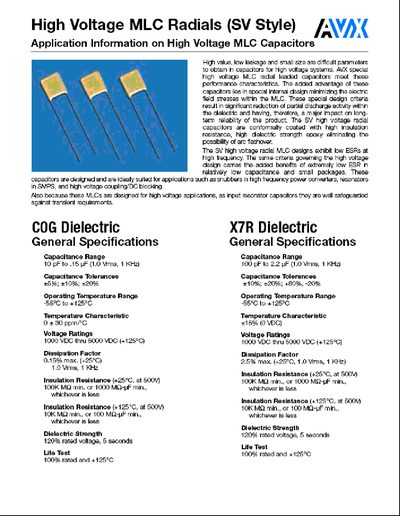 AVX SV01‑SV17 High Voltage MLC Radial Capacitors Datasheet - cover page