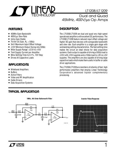 Linear Technology LT1208/LT1209 Operational Amplifier Datasheet