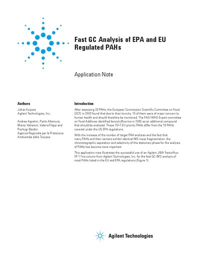 Agilent Fast GC Analysis of EPA and EU Regulated PAHs Application Note - cover page