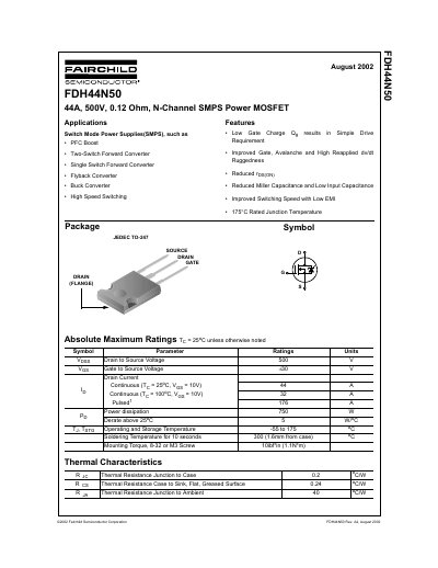Fairchild FDH44N50 N-Channel SMPS Power MOSFET Datasheet - cover page
