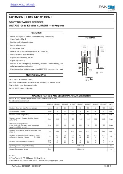 Schottky Barrier Rectifier SD1020CT through SD10100CT Datasheet - cover page
