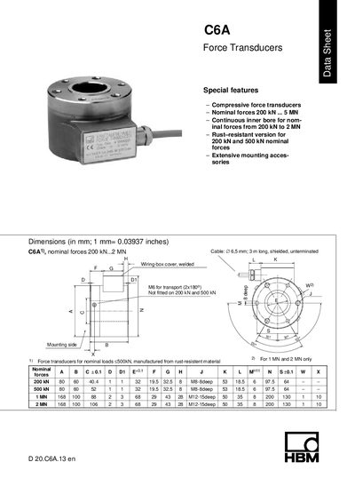 HBM C6A Force Transducers Data Sheet - cover page